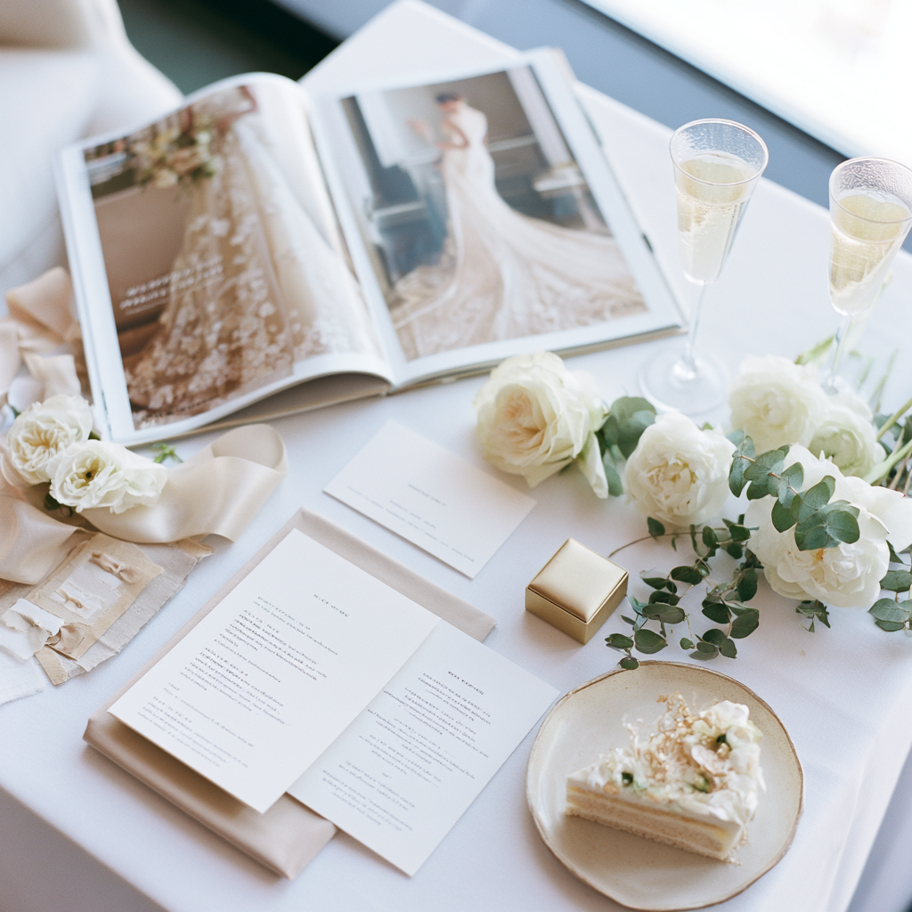 Bright wedding flat-lay with invitation suite, florals, and cake