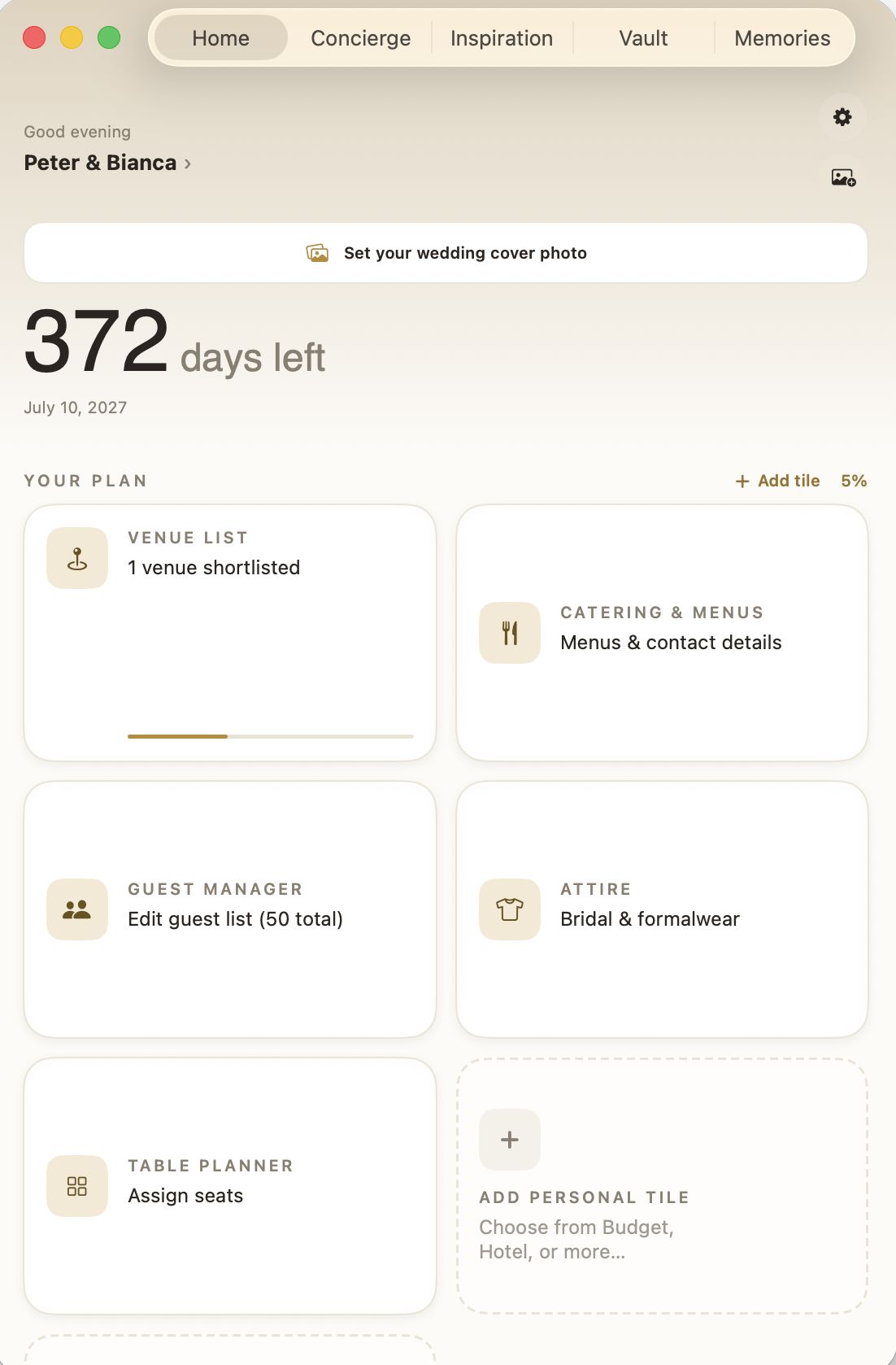 Nuptia home dashboard on Mac, showing venue, guest, catering, and table planner tiles