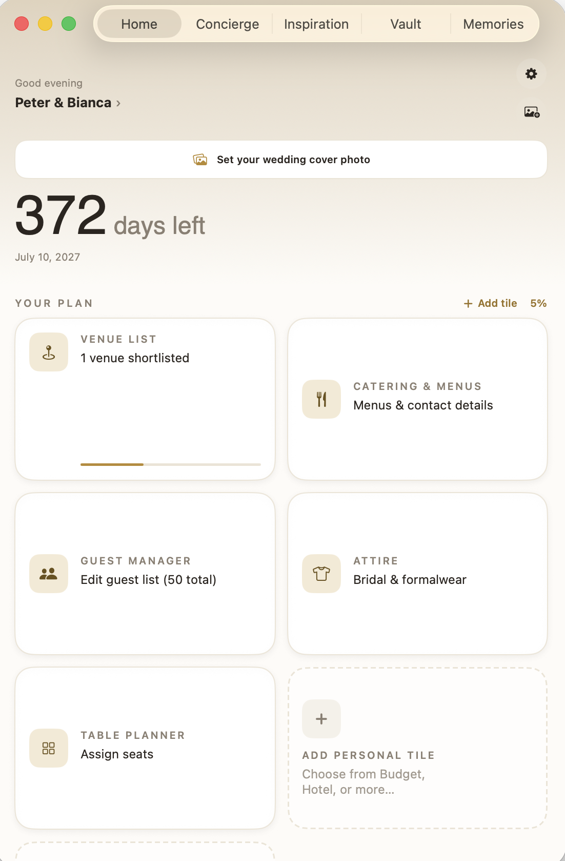 Nuptia home dashboard on Mac, showing venue, guest, catering, and table planner tiles