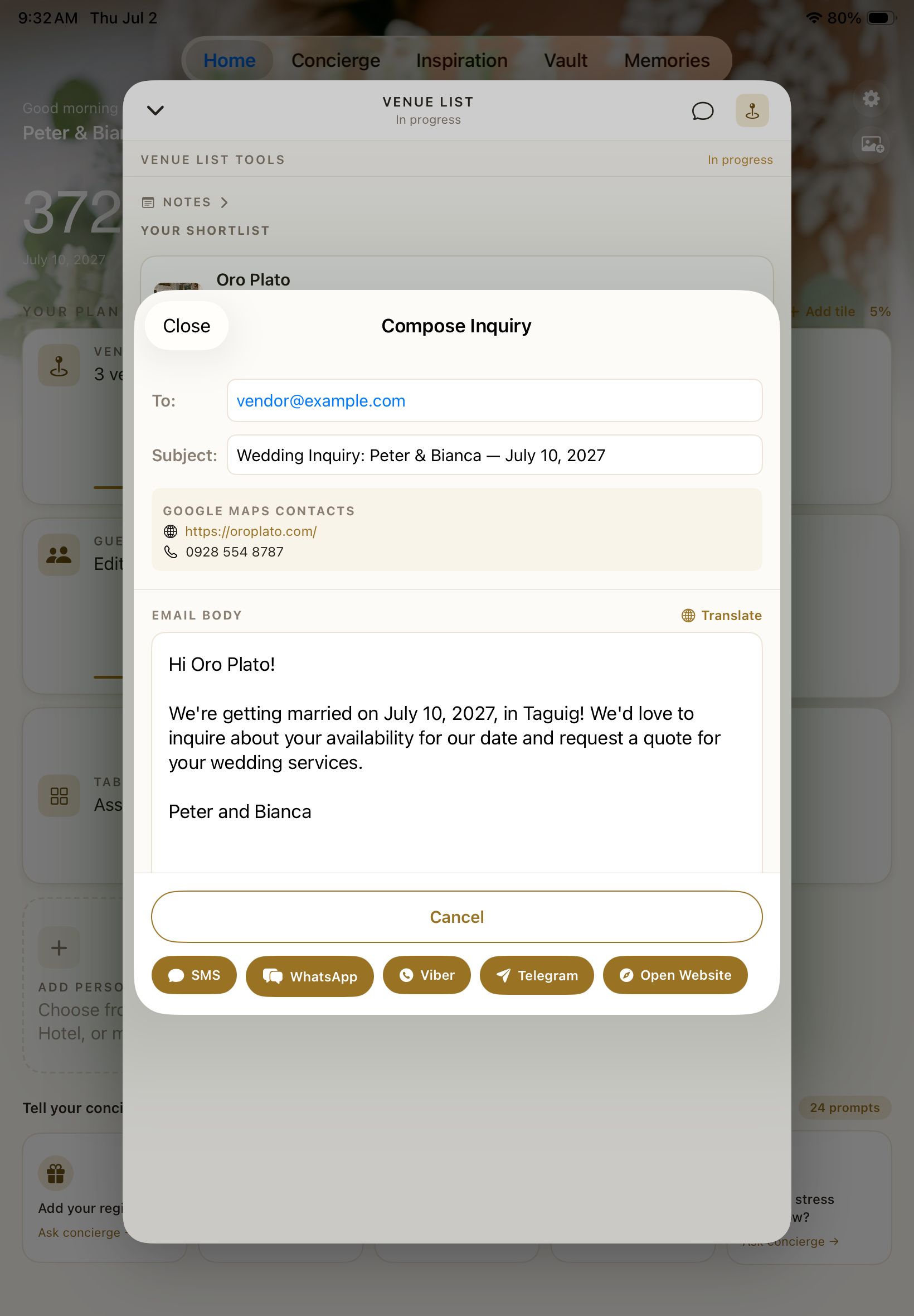 Vendor contact screen on iPhone