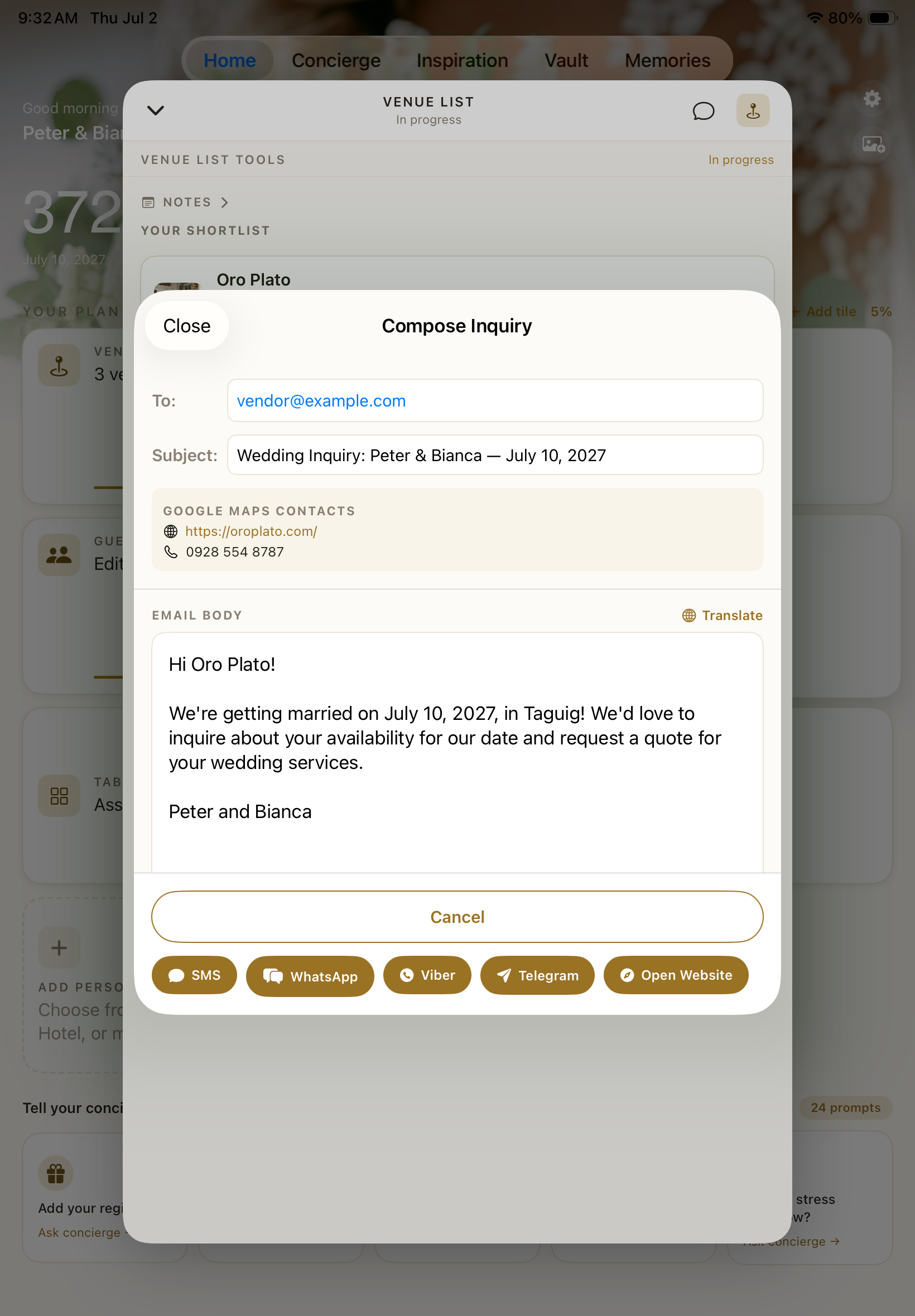 Vendor contact screen on iPhone